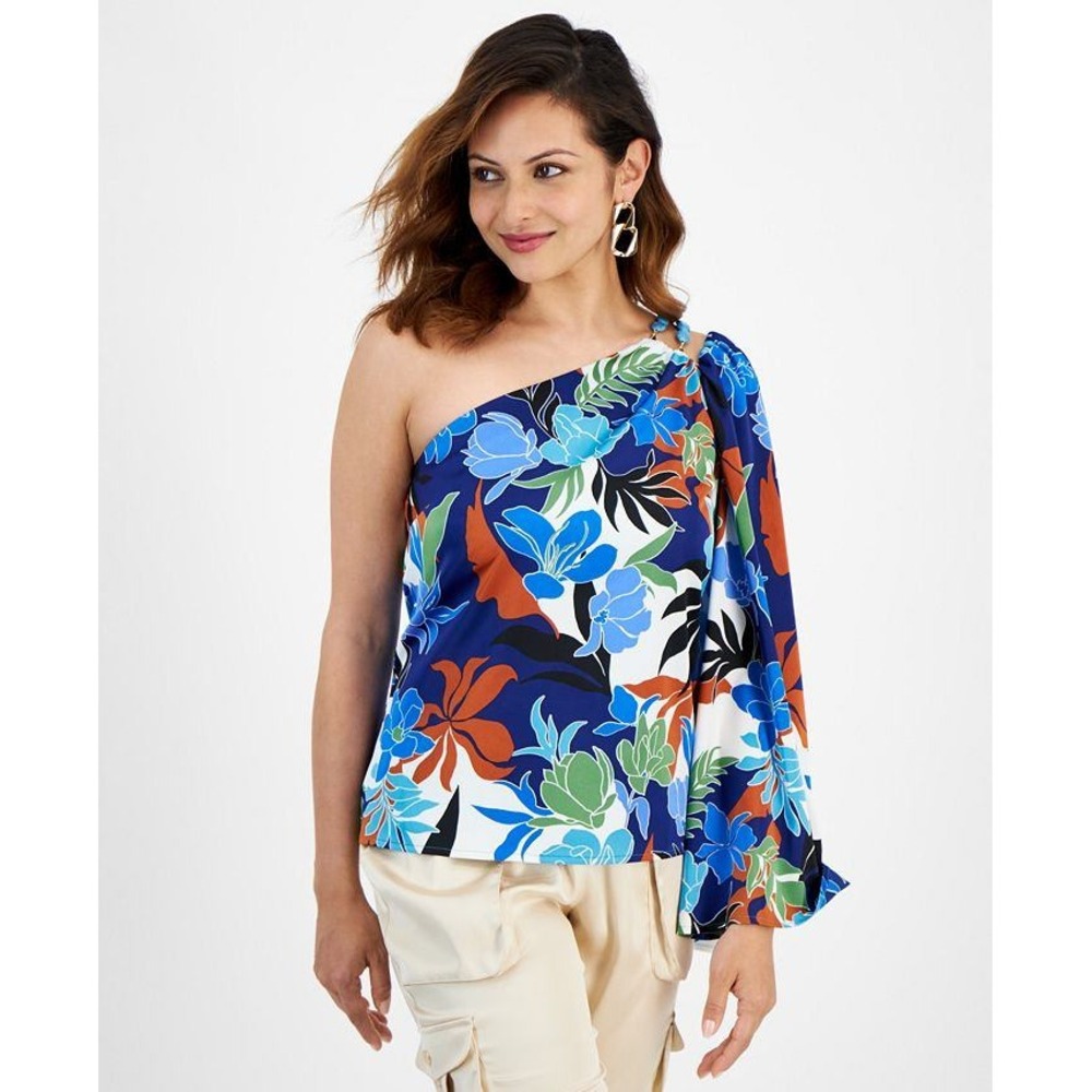 INC Floral Print One Shoulder Blouse Beaded Strap Colorful Top Small Boho